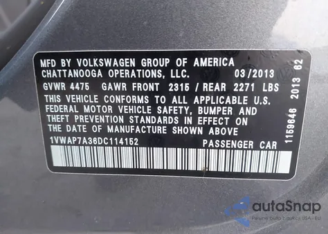 2013 Volkswagen Passat 2.5L S из США, поврежденный, VIN 1VWAP7A36DC114152